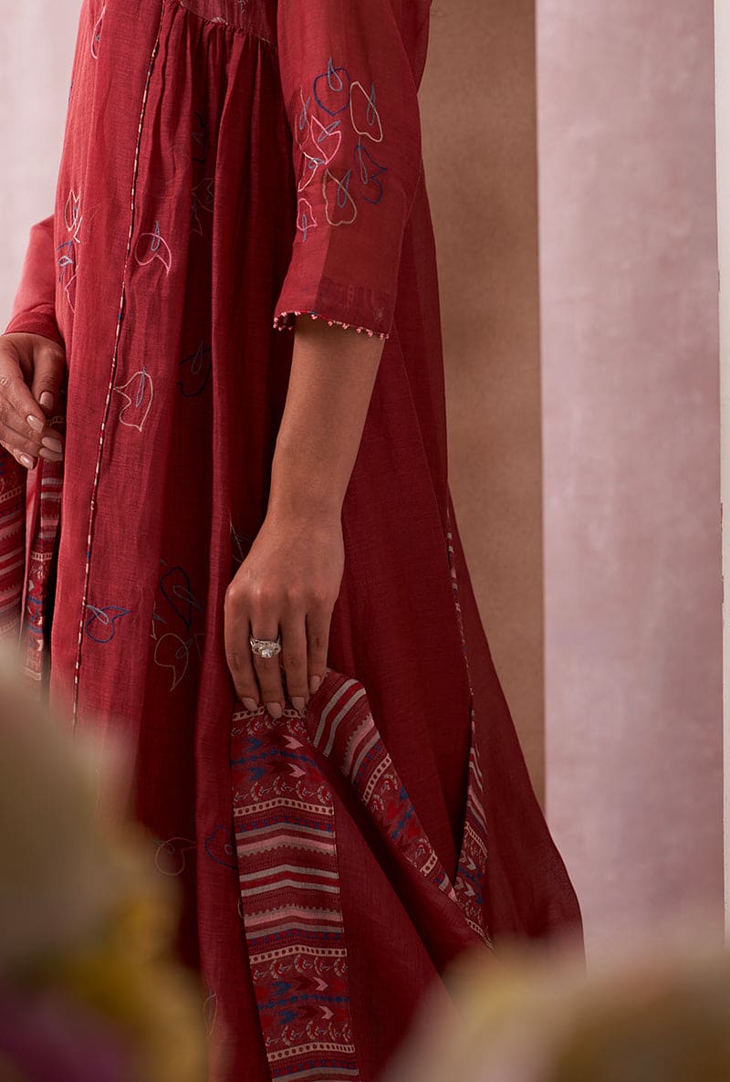 Red Classic Side Gather Mahira Kurta Set
