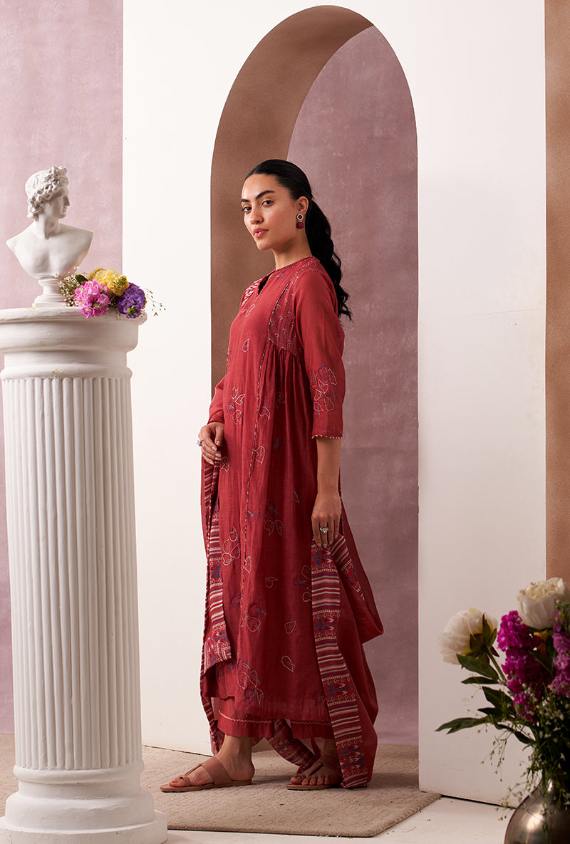 Red Classic Side Gather Mahira Kurta Set
