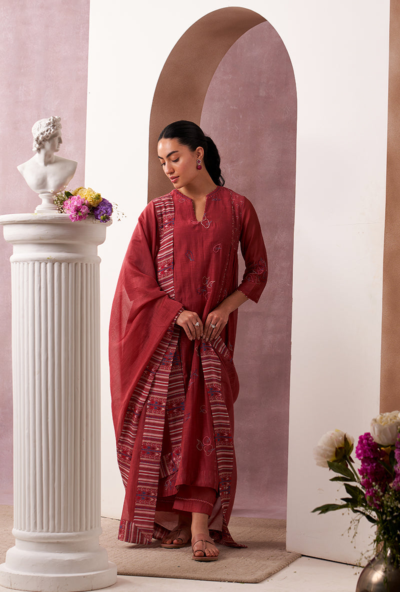 Red Classic Side Gather Mahira Kurta Set