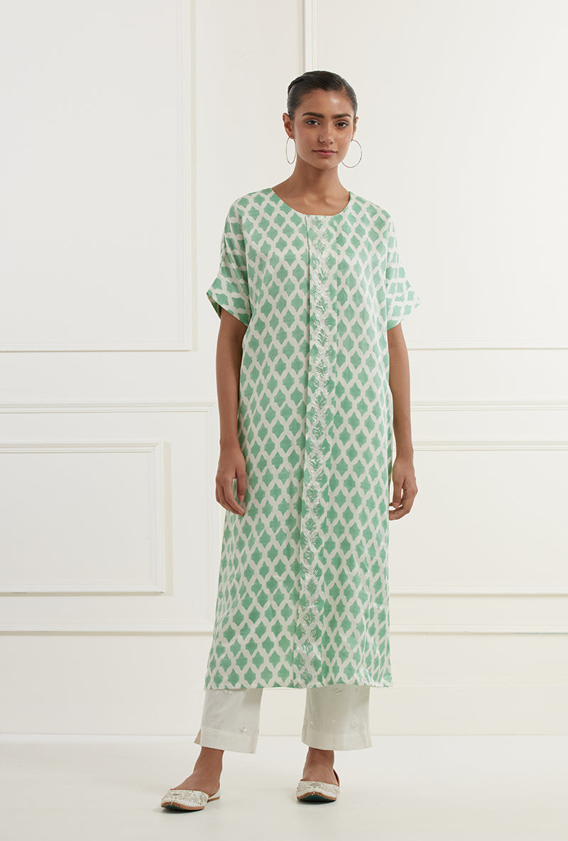 Sea Green Block Printed Sehar Kaftan