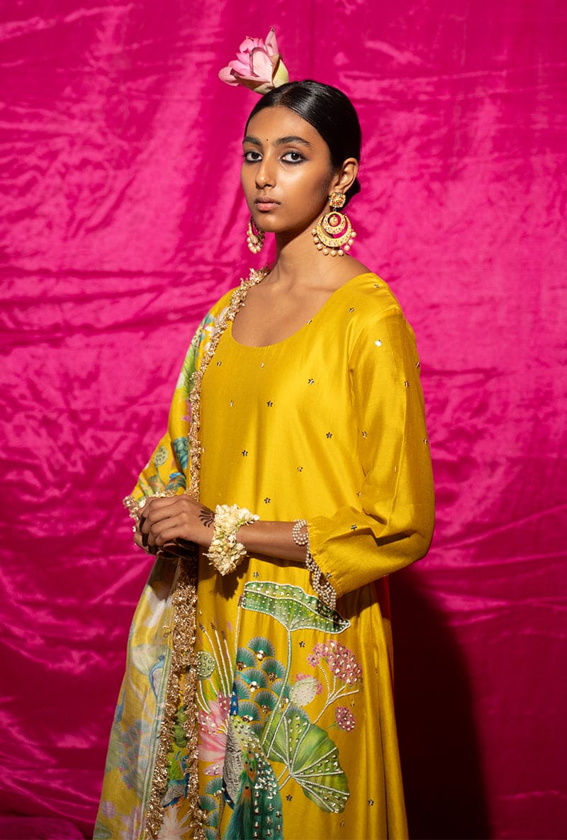 Yellow Peacock Motif Kamli Kurta Set
