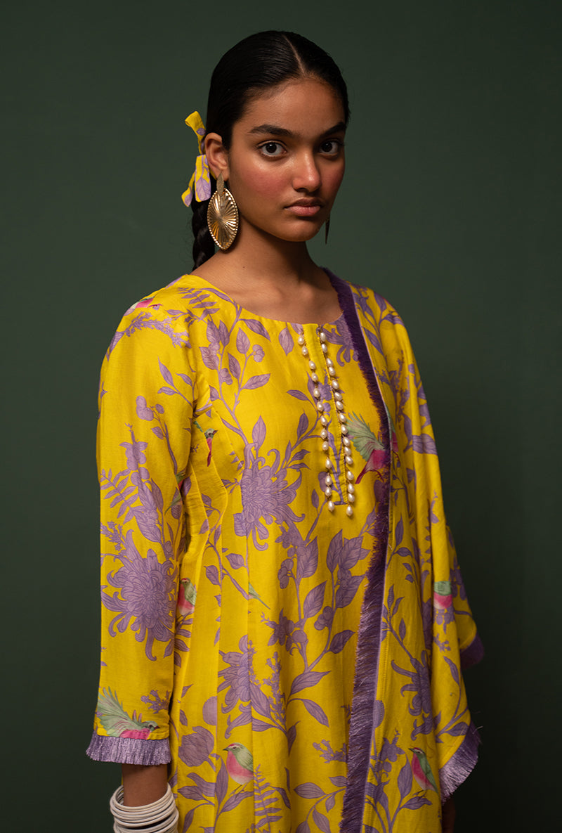 Yellow Printed Long Sasha Kurta Set