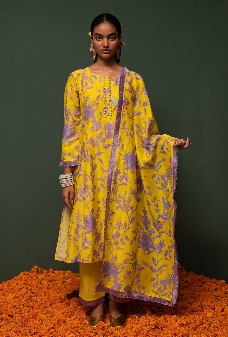 Yellow Printed Long Sasha Kurta Set