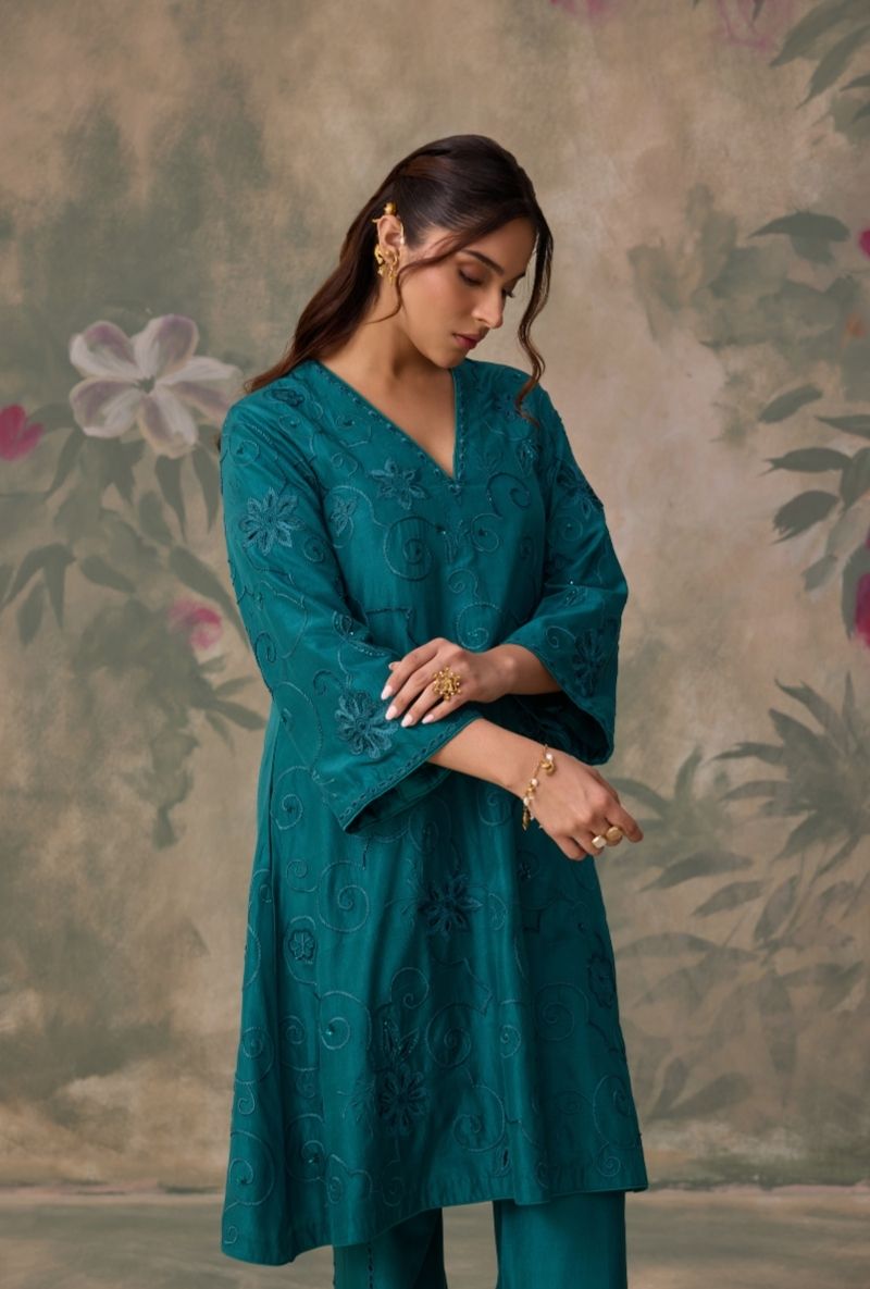 Teal Green All Over Thread Work Jalsa Kurta Set