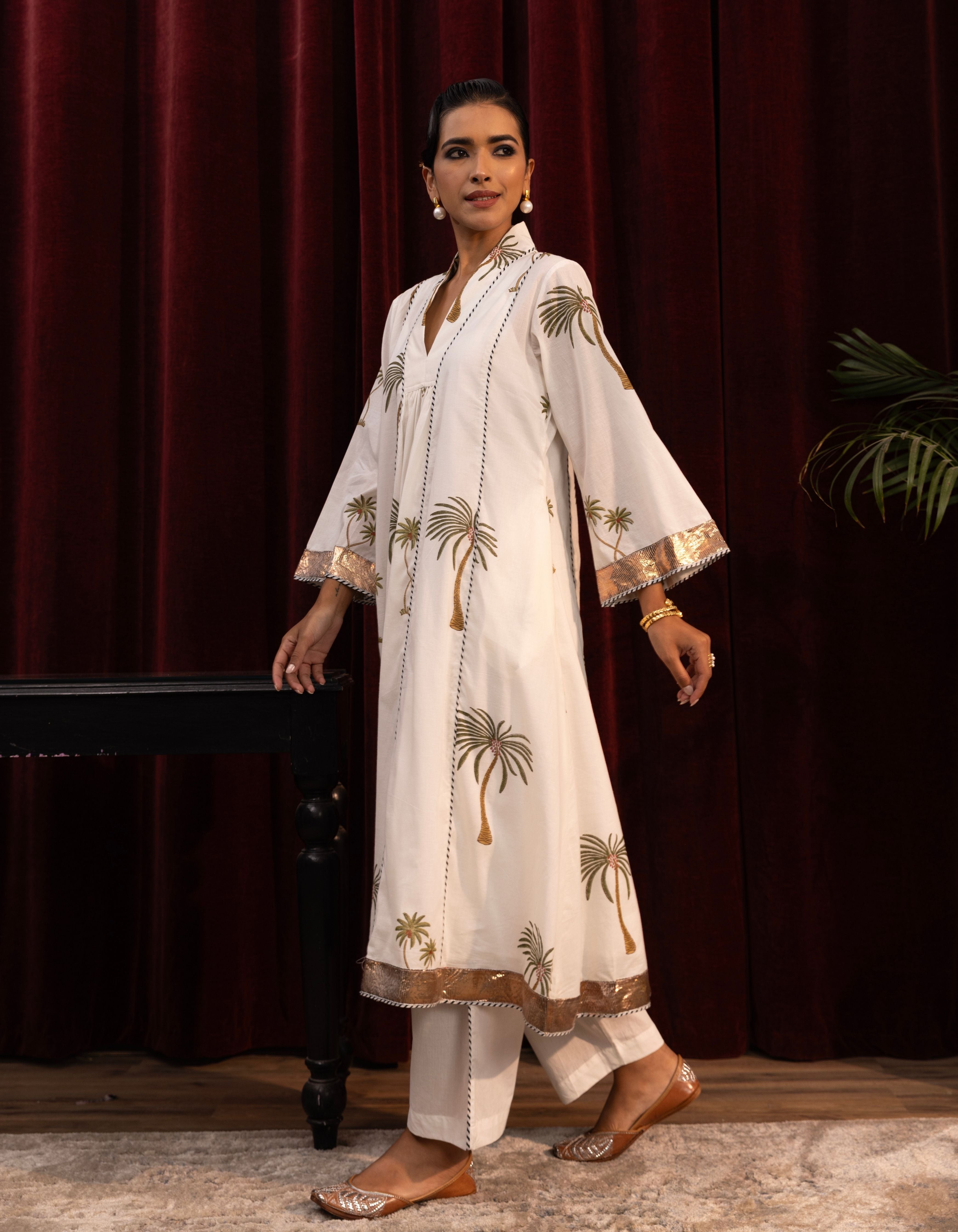 White Palm Print Kali Mogra Kurta Set