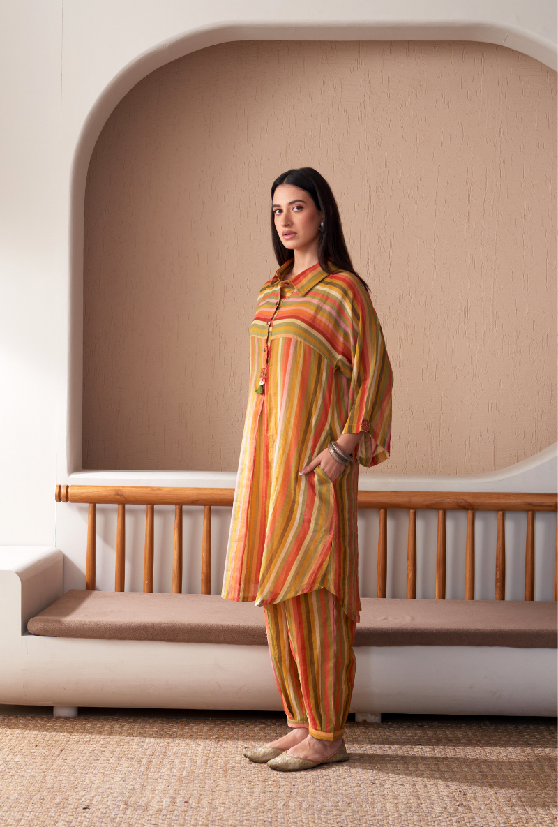 Mustard Anti Fit Stripe Bageecha Kurta Set