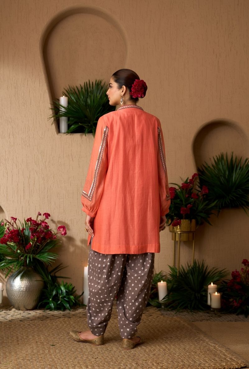 Peach Bandhej Dhoti Naveli Kurta Set