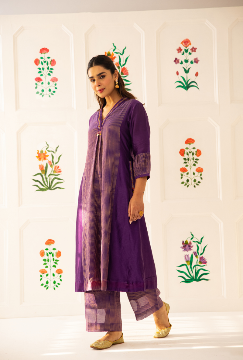 Purple High Collar Kishmish Kurta Set