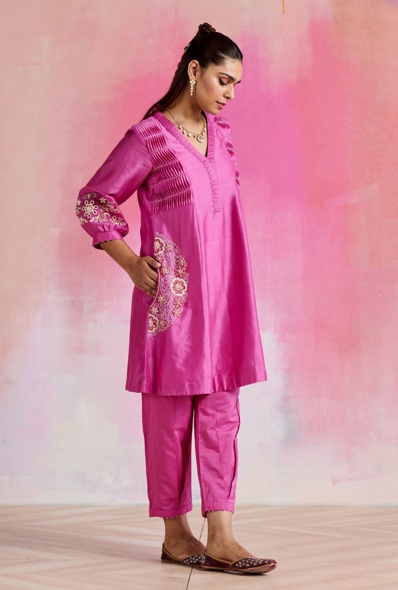 Magenta Pink Fine Pleated Smocking Amara Kurta Set