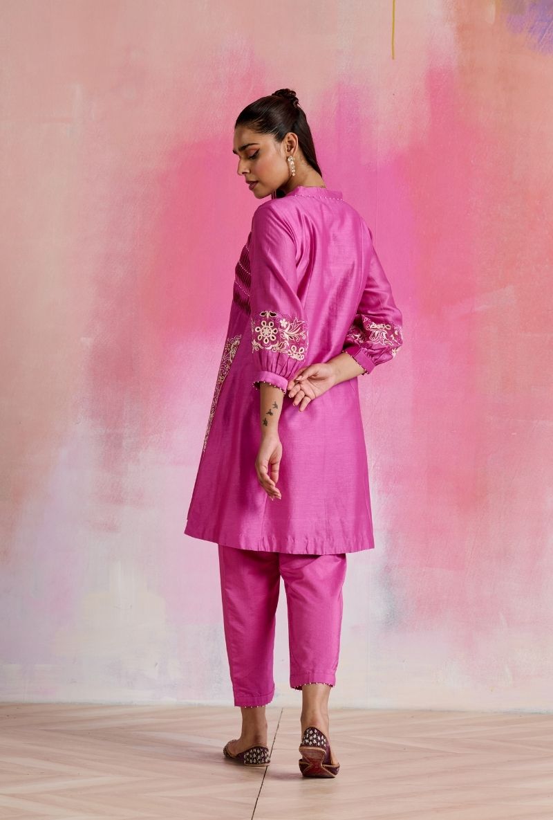 Magenta Pink Fine Pleated Smocking Amara Kurta Set