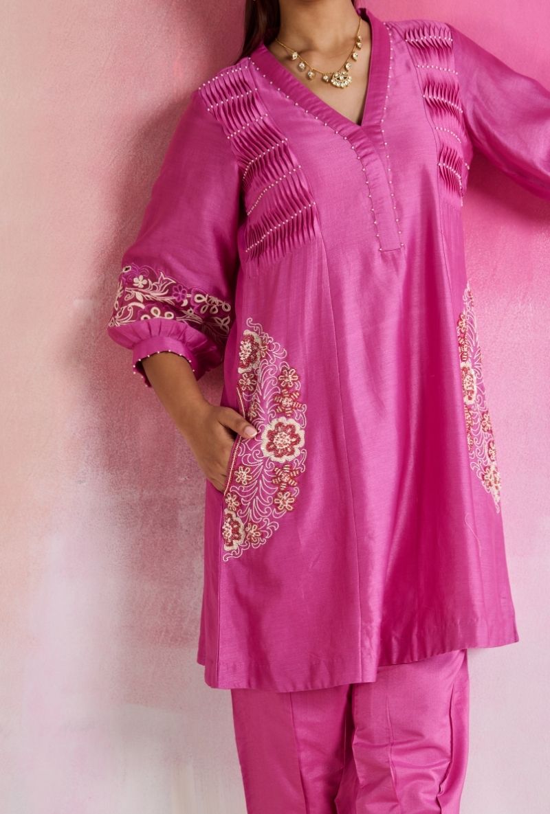 Magenta Pink Fine Pleated Smocking Amara Kurta Set