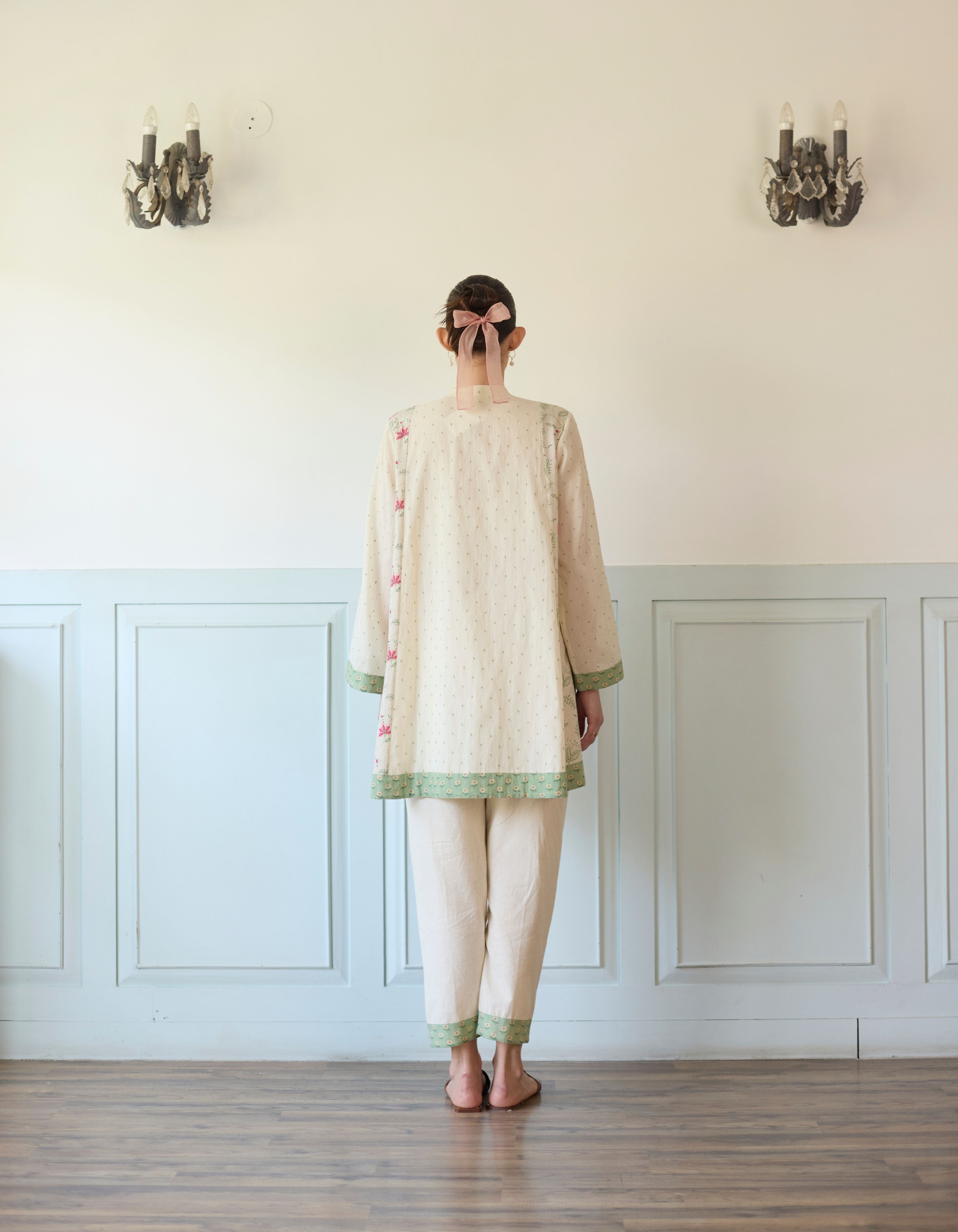 Pink And Green Flared Printed Side Panel Short Amelia Kurta Set