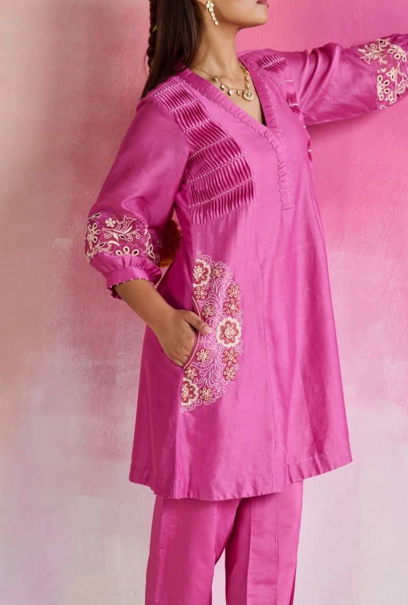 Magenta Pink Fine Pleated Smocking Amara Kurta Set