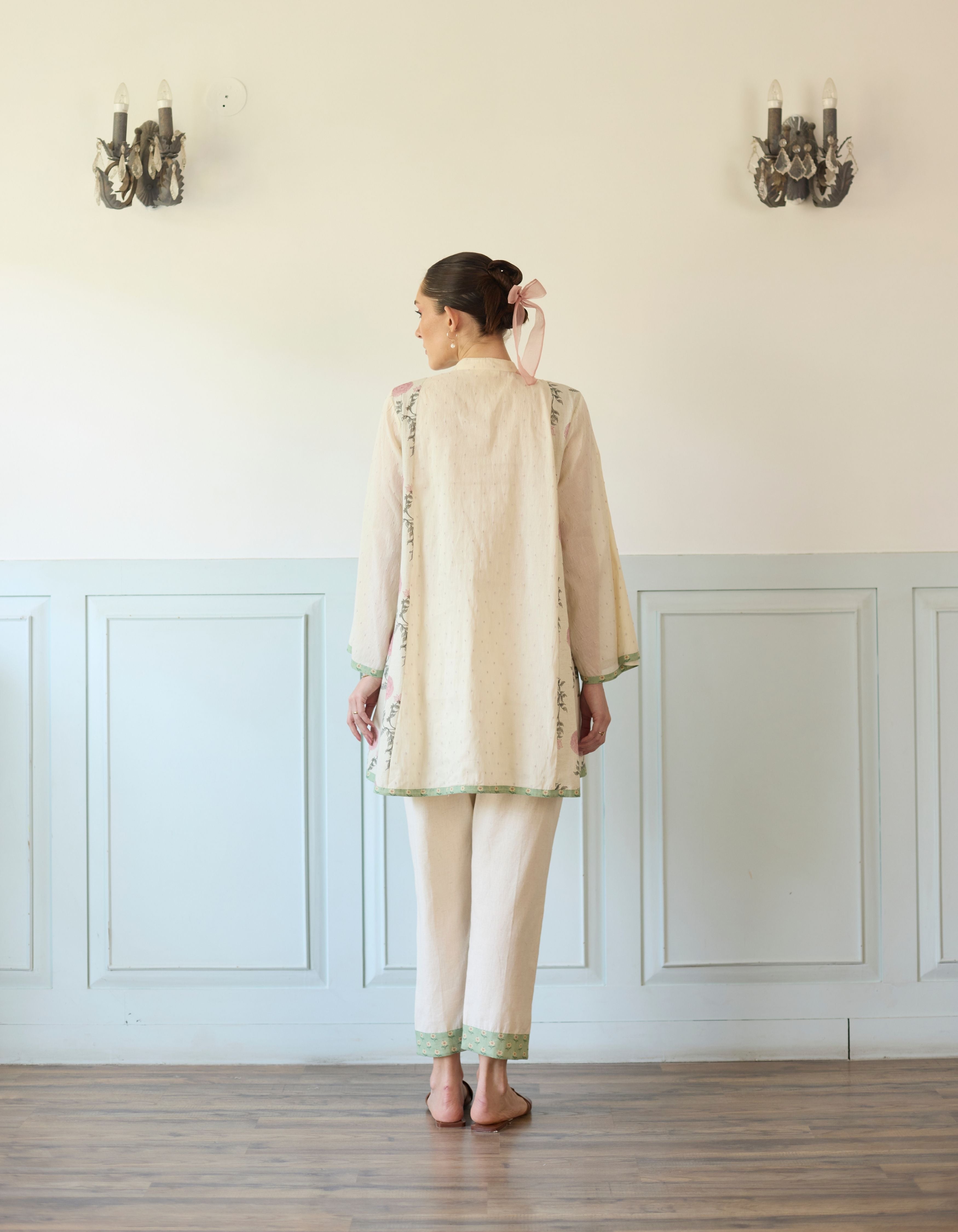 Purple And Green Flared Printed Side Panel Short Amelia Kurta Set