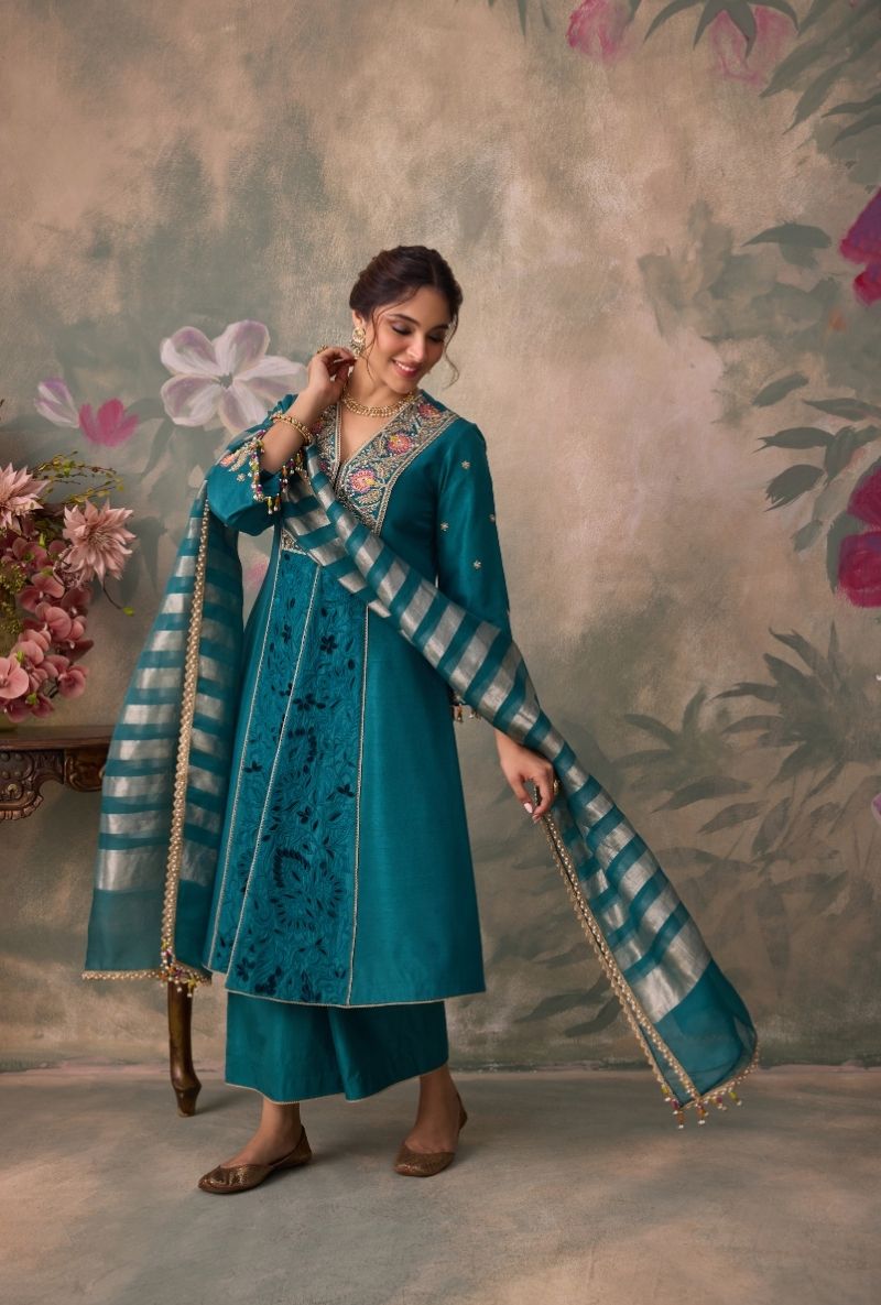 Teal Green Embrodered Yoke Jalsa Kurta Set