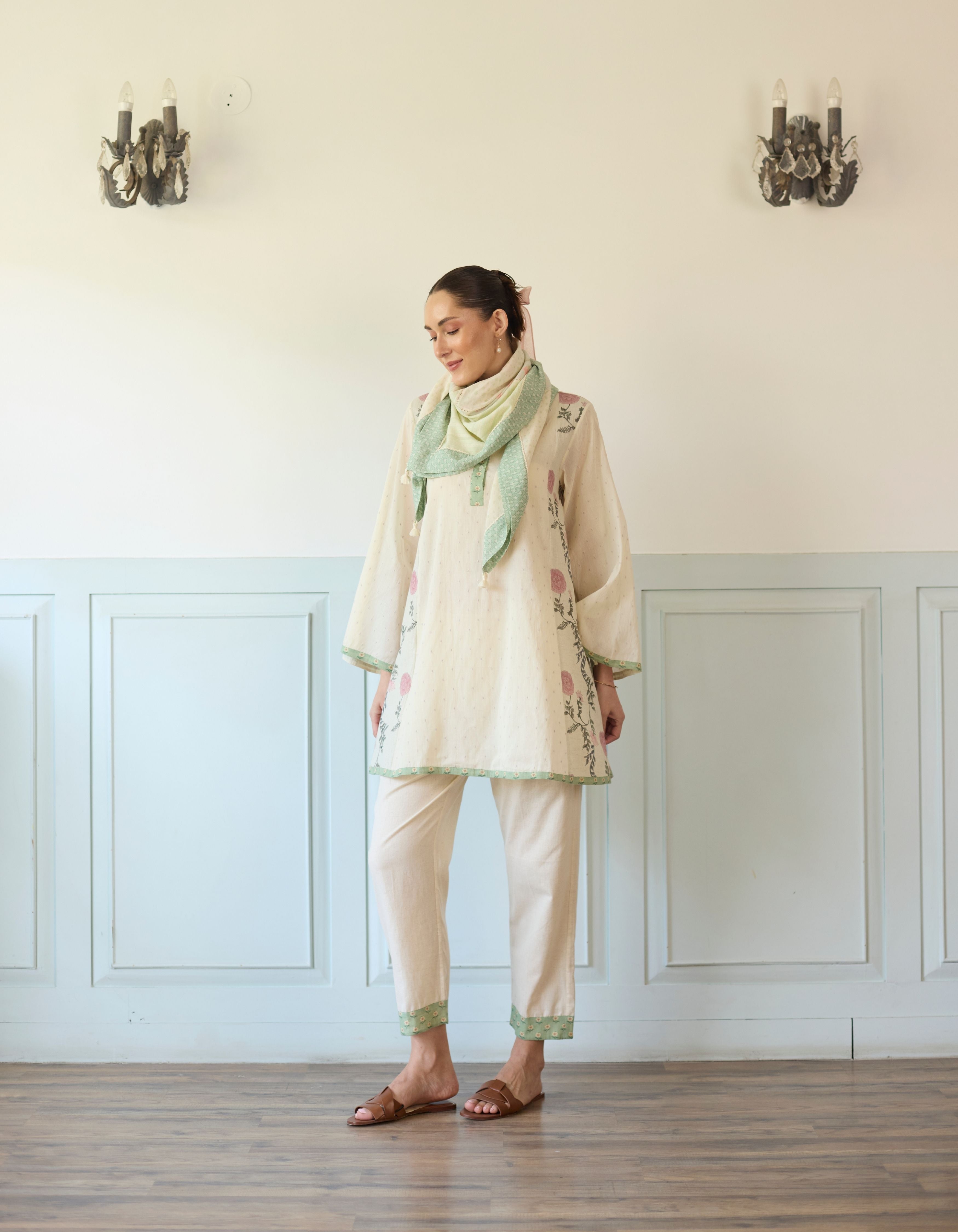 Purple And Green Flared Printed Side Panel Short Amelia Kurta Set