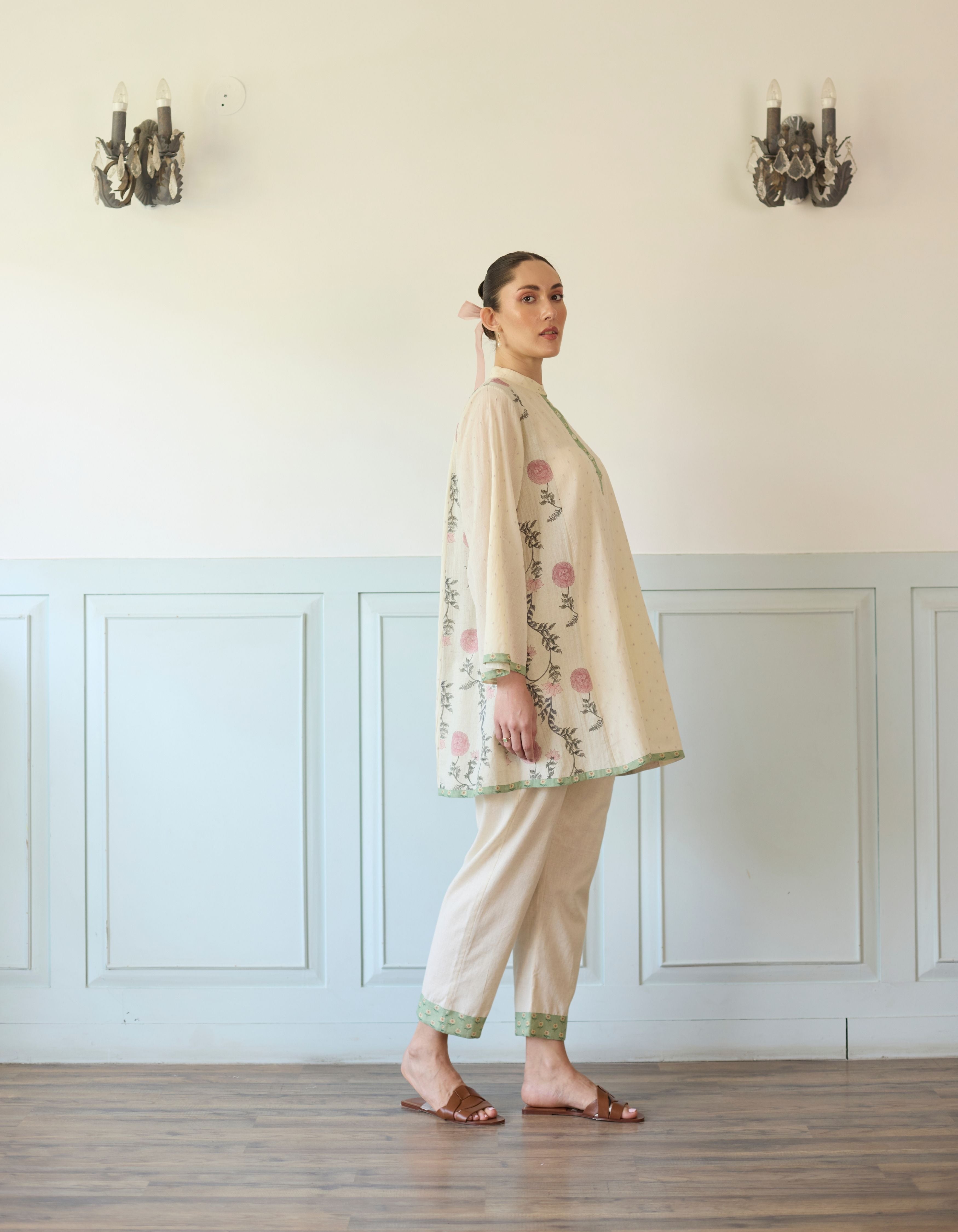 Purple And Green Flared Printed Side Panel Short Amelia Kurta Set