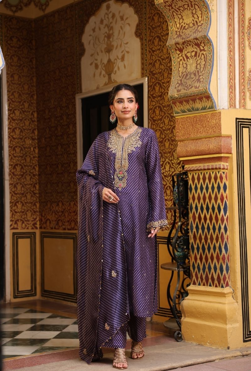 Purple Printed Pakhi Yoke Straight Mehfil Kurta Set