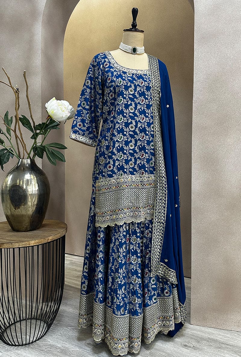 Blue Multi Banarsi Hoor Gharara Set