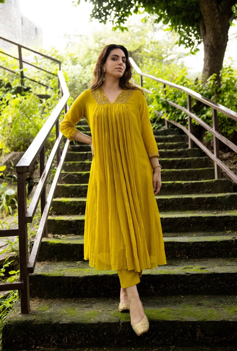 Yellow Front Pleat Kurta Set