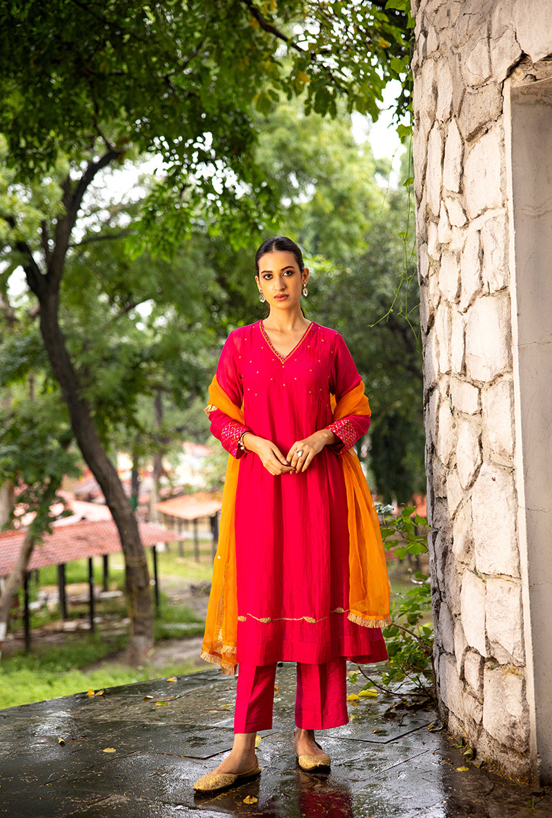 Magenta Pink French Knot Work Dor Kurta Set