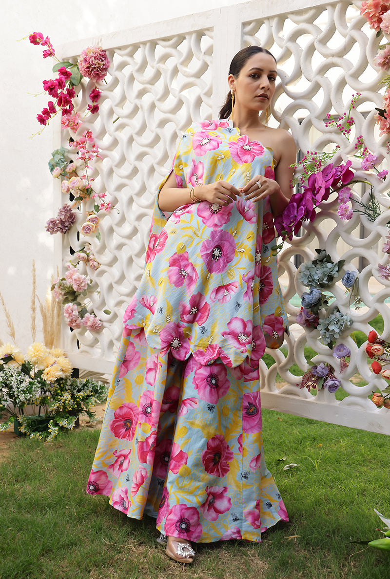 Mint And Pink Garden Printed Off Shoulder Magnolia Sharara Set