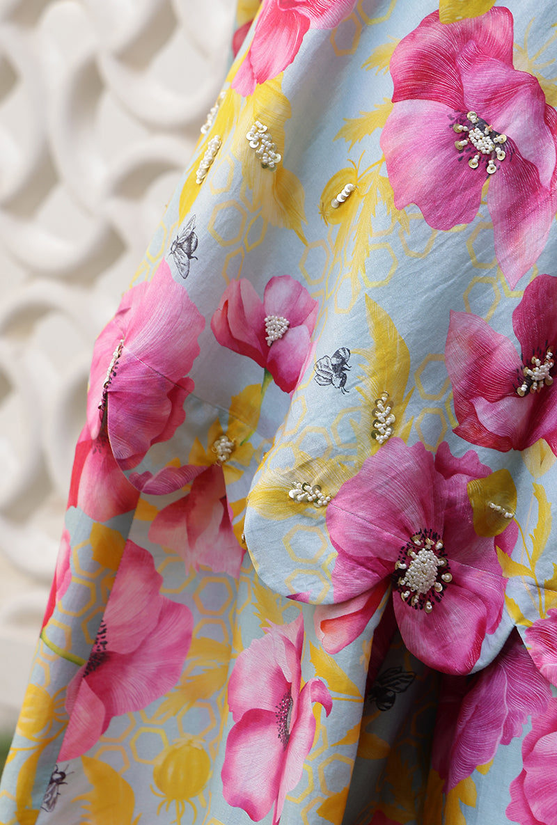 Mint And Pink Garden Printed Off Shoulder Magnolia Sharara Set