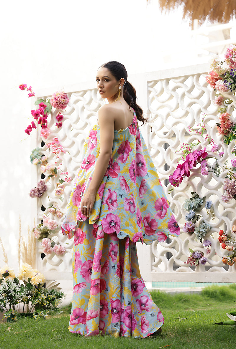 Mint And Pink Garden Printed Off Shoulder Magnolia Sharara Set