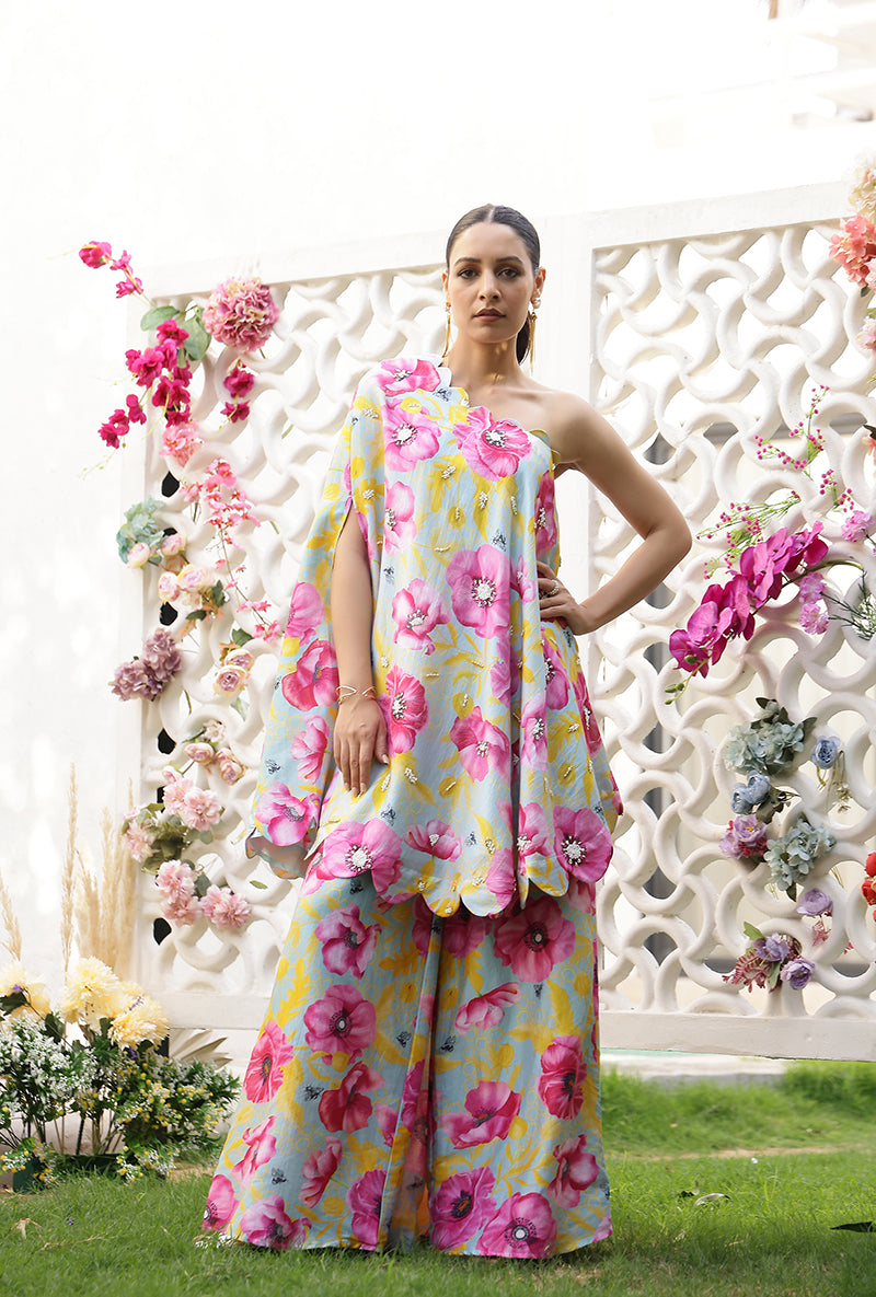 Mint And Pink Garden Printed Off Shoulder Magnolia Sharara Set
