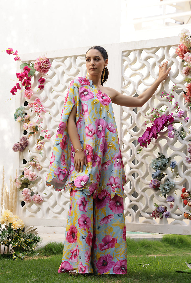 Mint And Pink Garden Printed Off Shoulder Magnolia Sharara Set