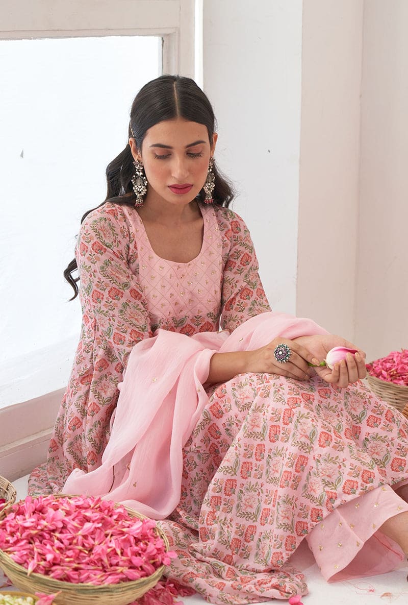 Powder Pink Digitally Printed Iris Anarkali Set