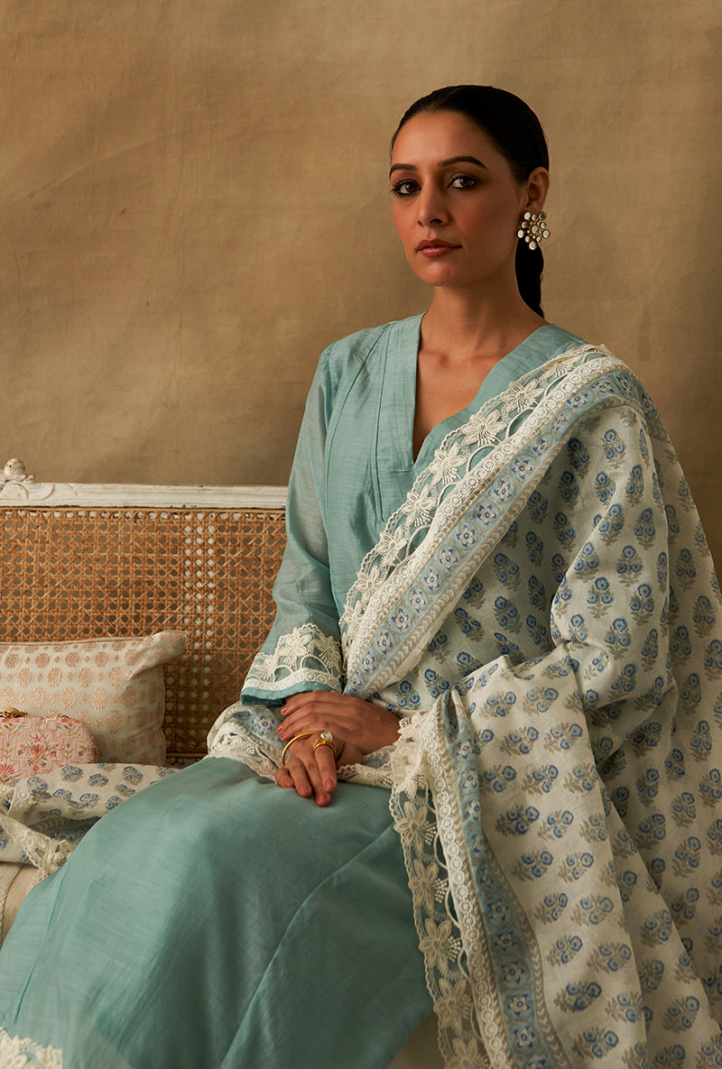 Powder Blue Straight Kurta Marigold Sharara Set