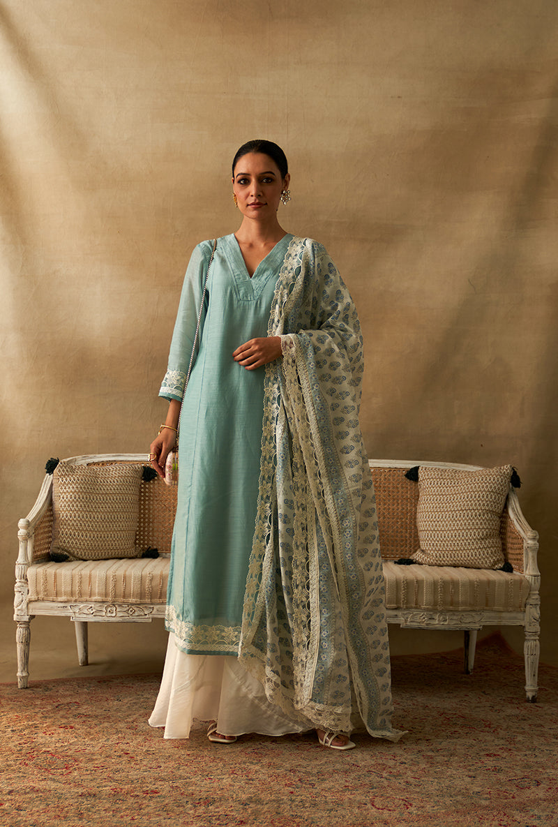 Powder Blue Straight Kurta Marigold Sharara Set