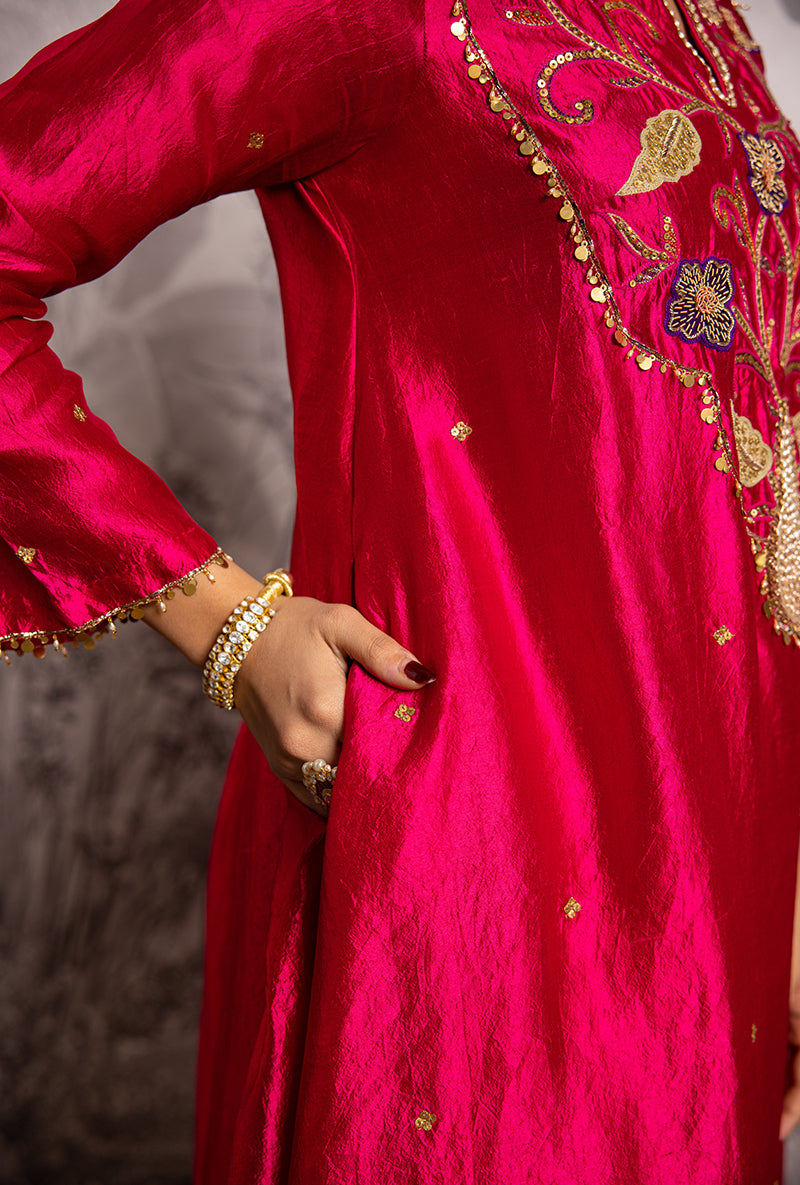 Rani Pink Cheent Embroidered Long Yoke Style Shaheen Kurta Set