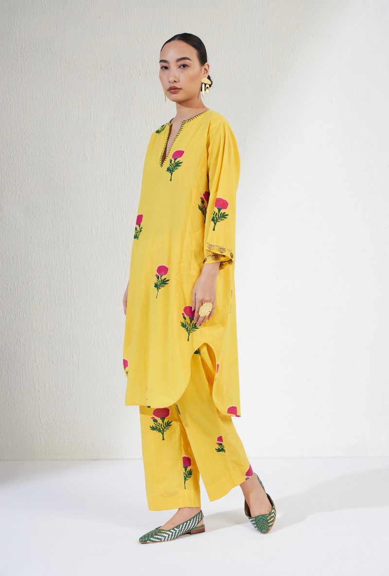 Yellow Hand Block Print Gulnaar Olivia Kurta Set
