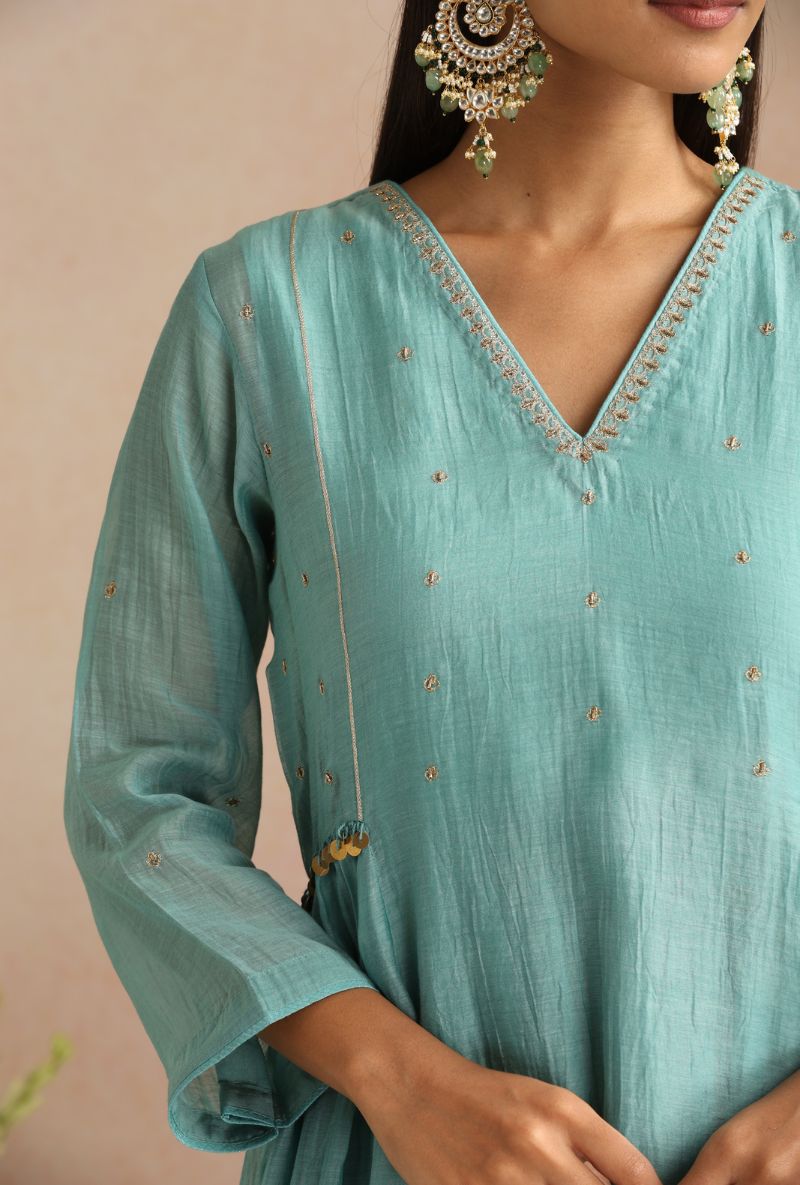 Ice Blue Zari And Dabka Work Itrh Kurta Set