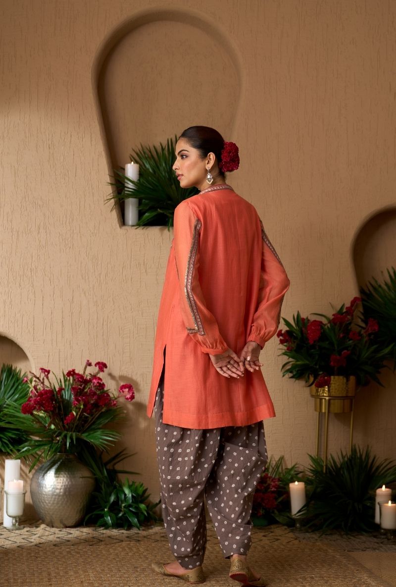 Peach Bandhej Dhoti Naveli Kurta Set