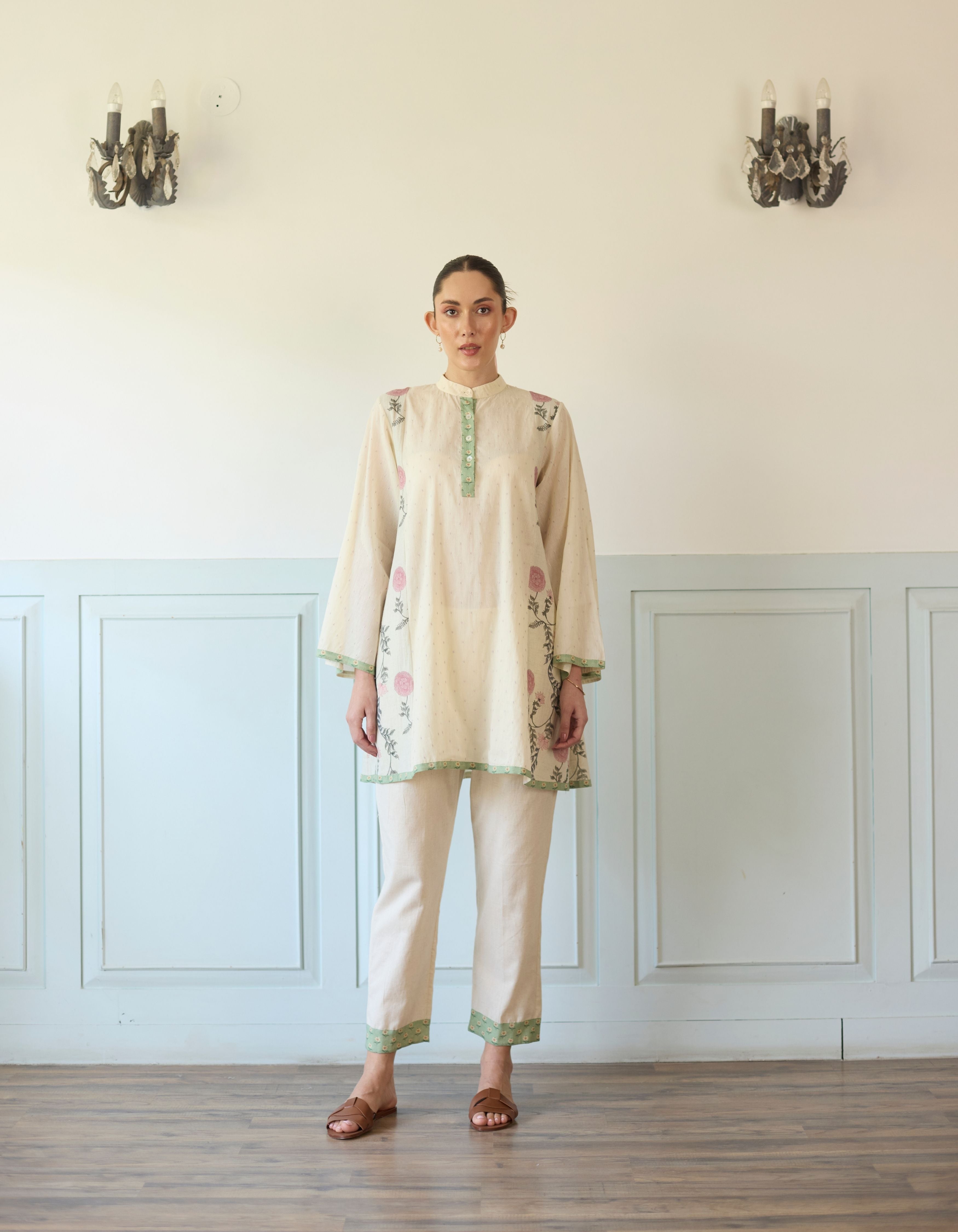 Purple And Green Flared Printed Side Panel Short Amelia Kurta Set