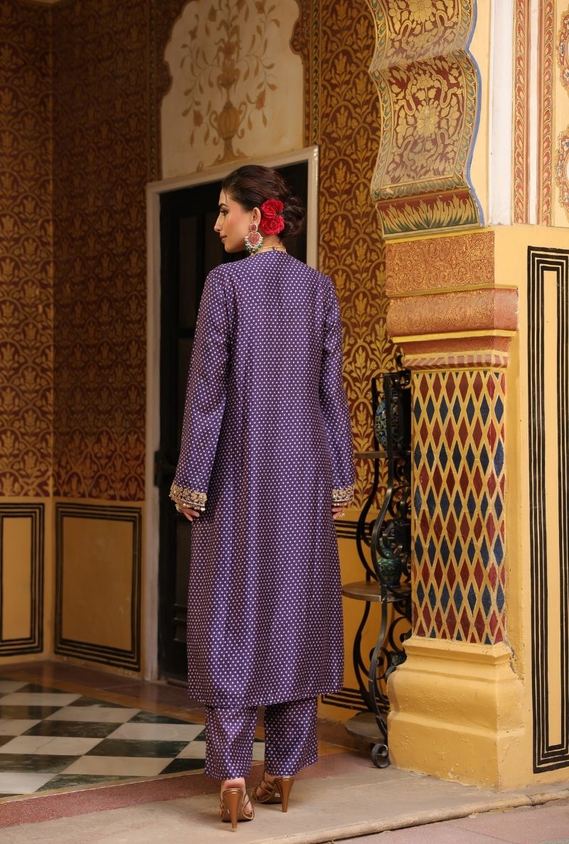 Purple Printed Pakhi Yoke Straight Mehfil Kurta Set