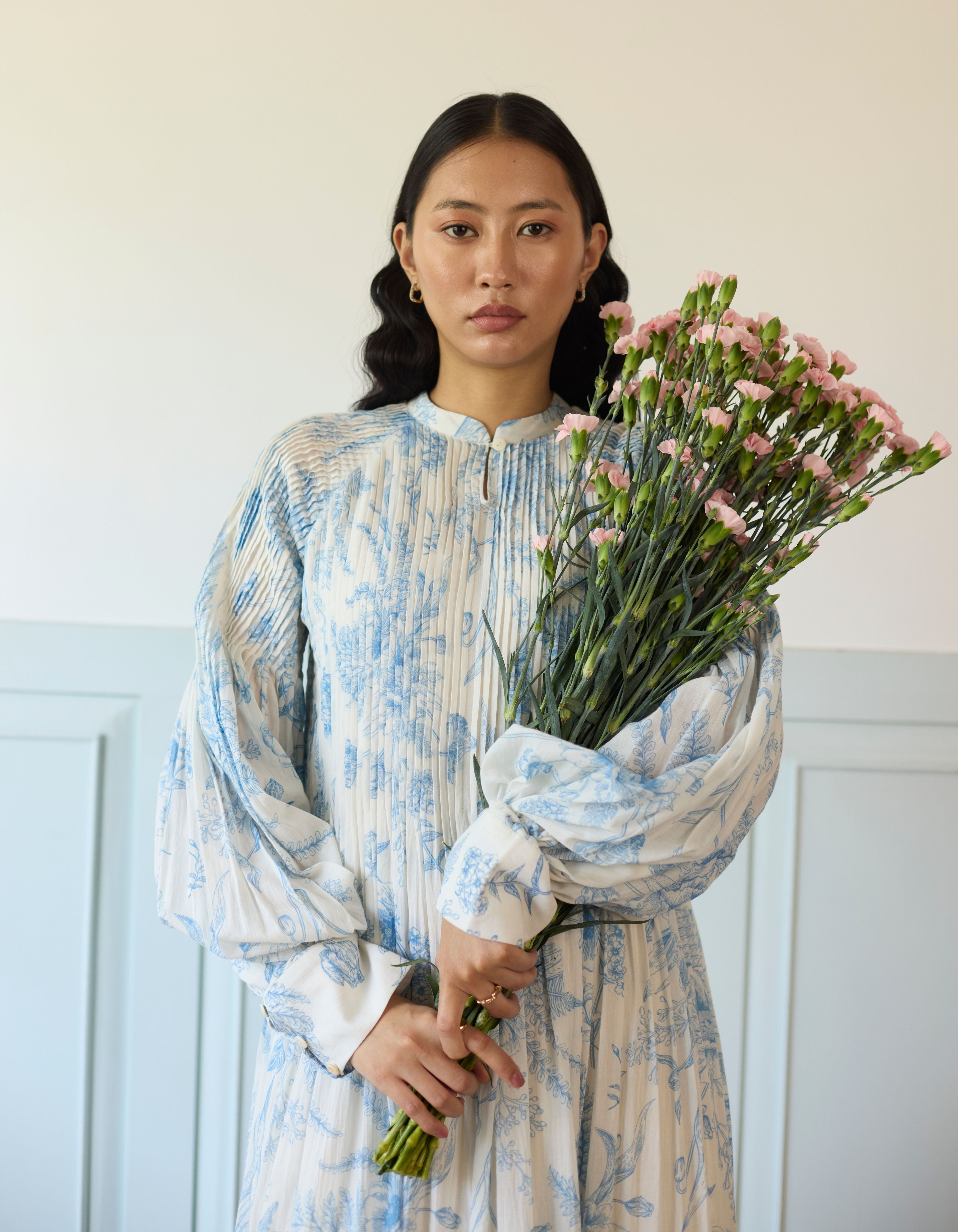 Blue And White All Floral Print Pintucks Amelia Dress