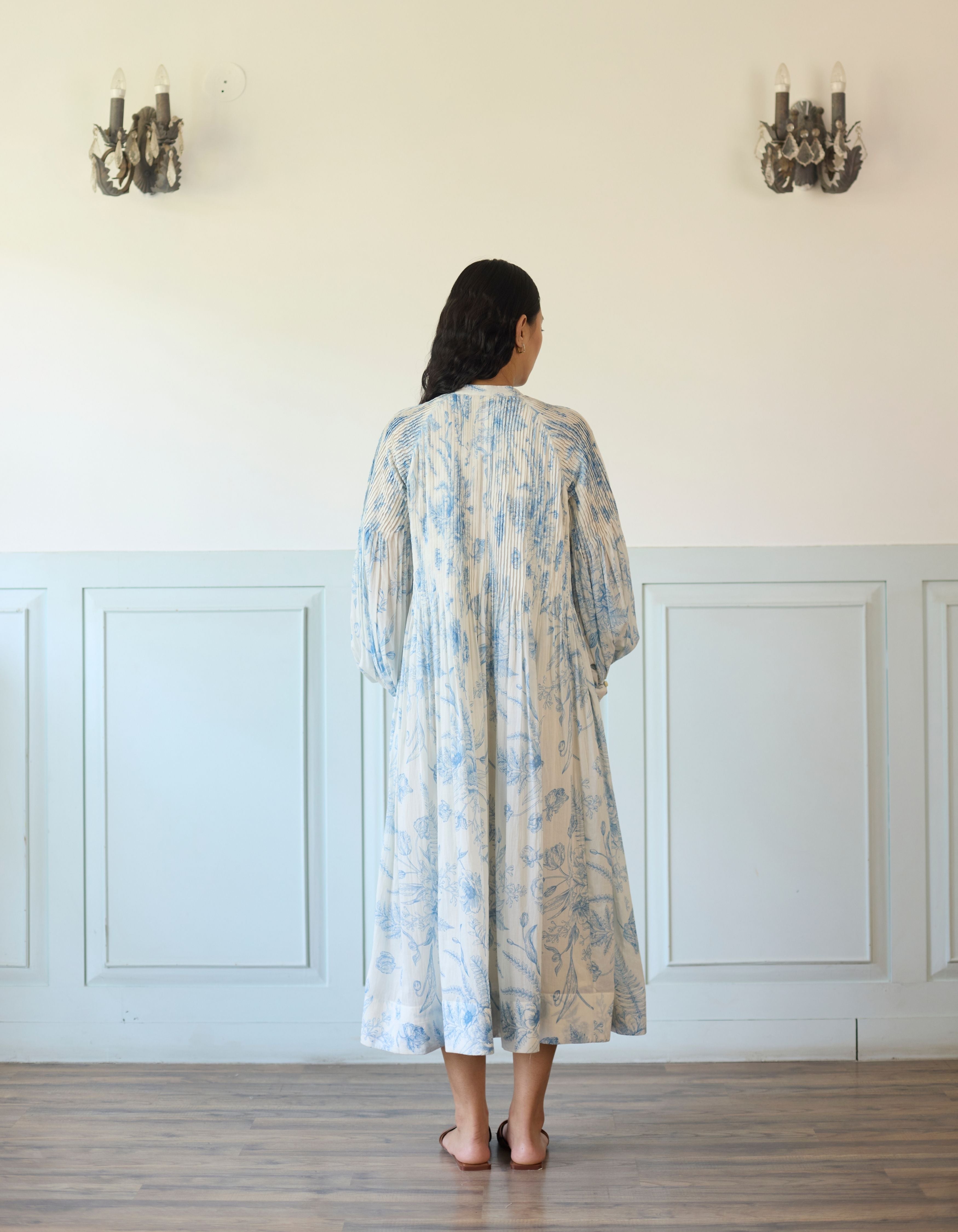 Blue And White All Floral Print Pintucks Amelia Dress