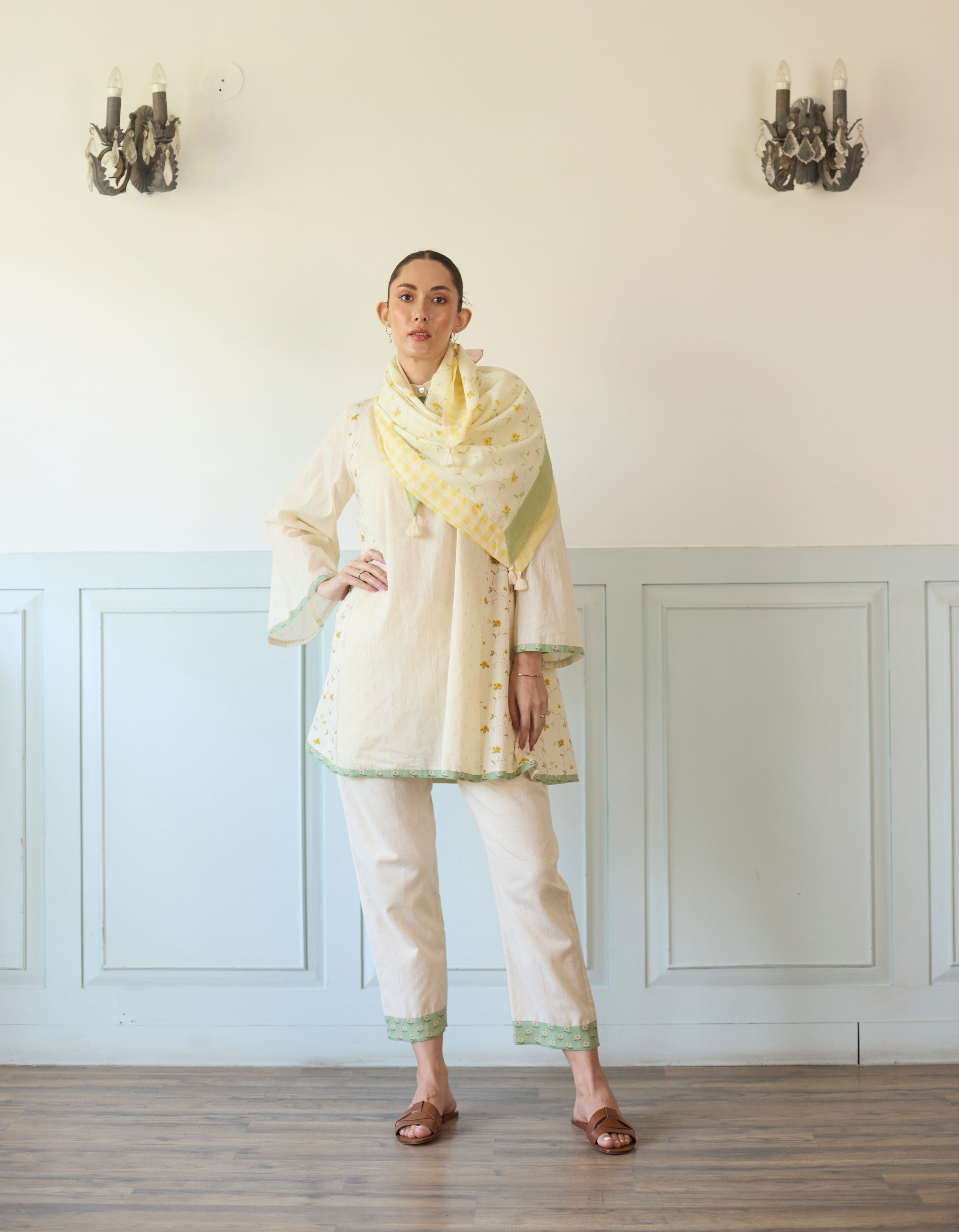Yellow And Green Flared Printed Side Panel Short Amelia Kurta Set