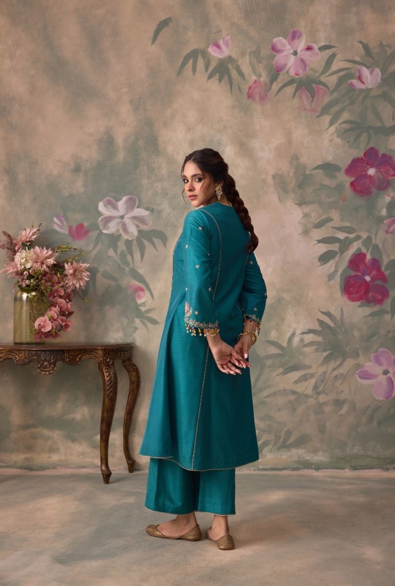 Teal Green Embrodered Yoke Jalsa Kurta Set