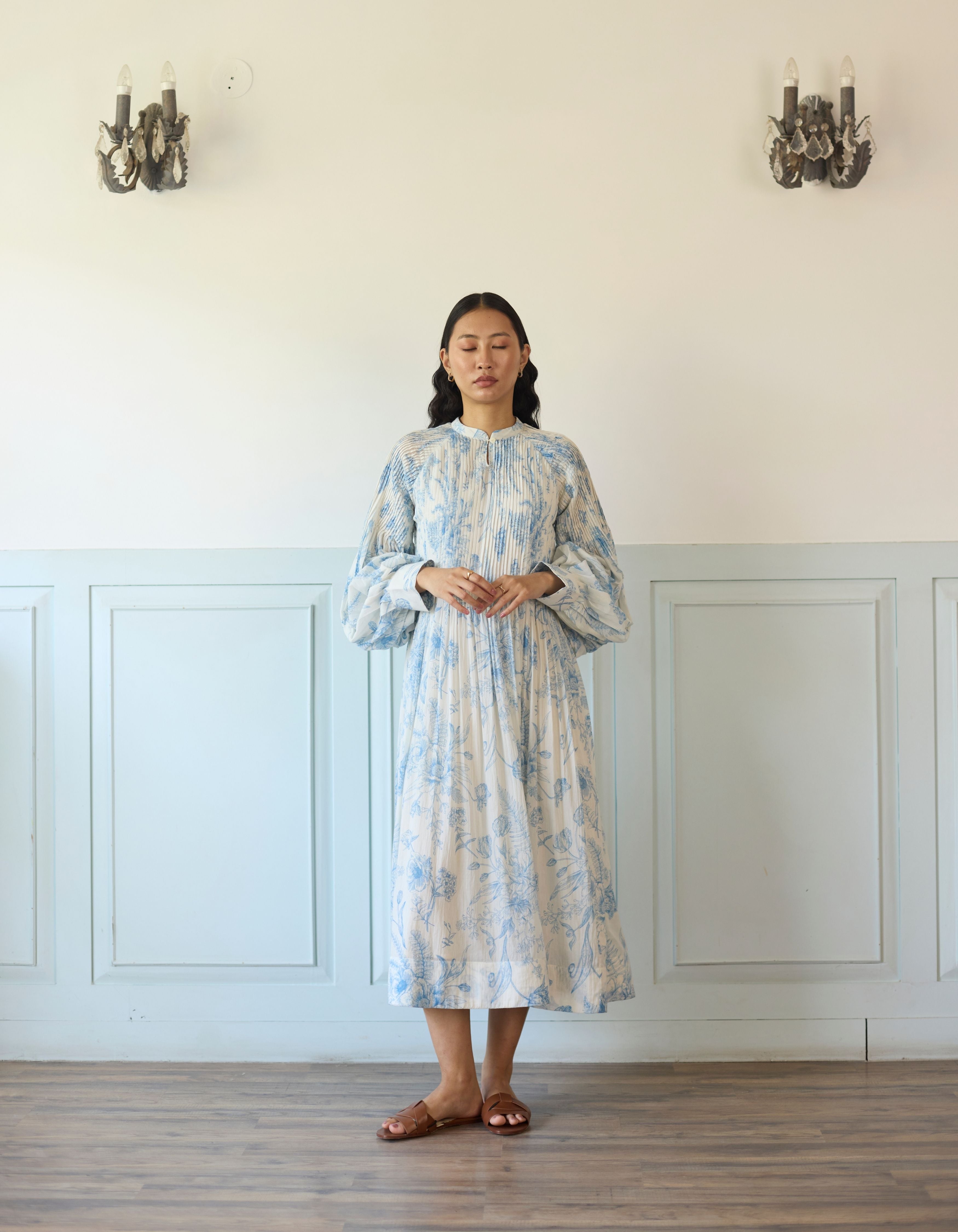 Blue And White All Floral Print Pintucks Amelia Dress