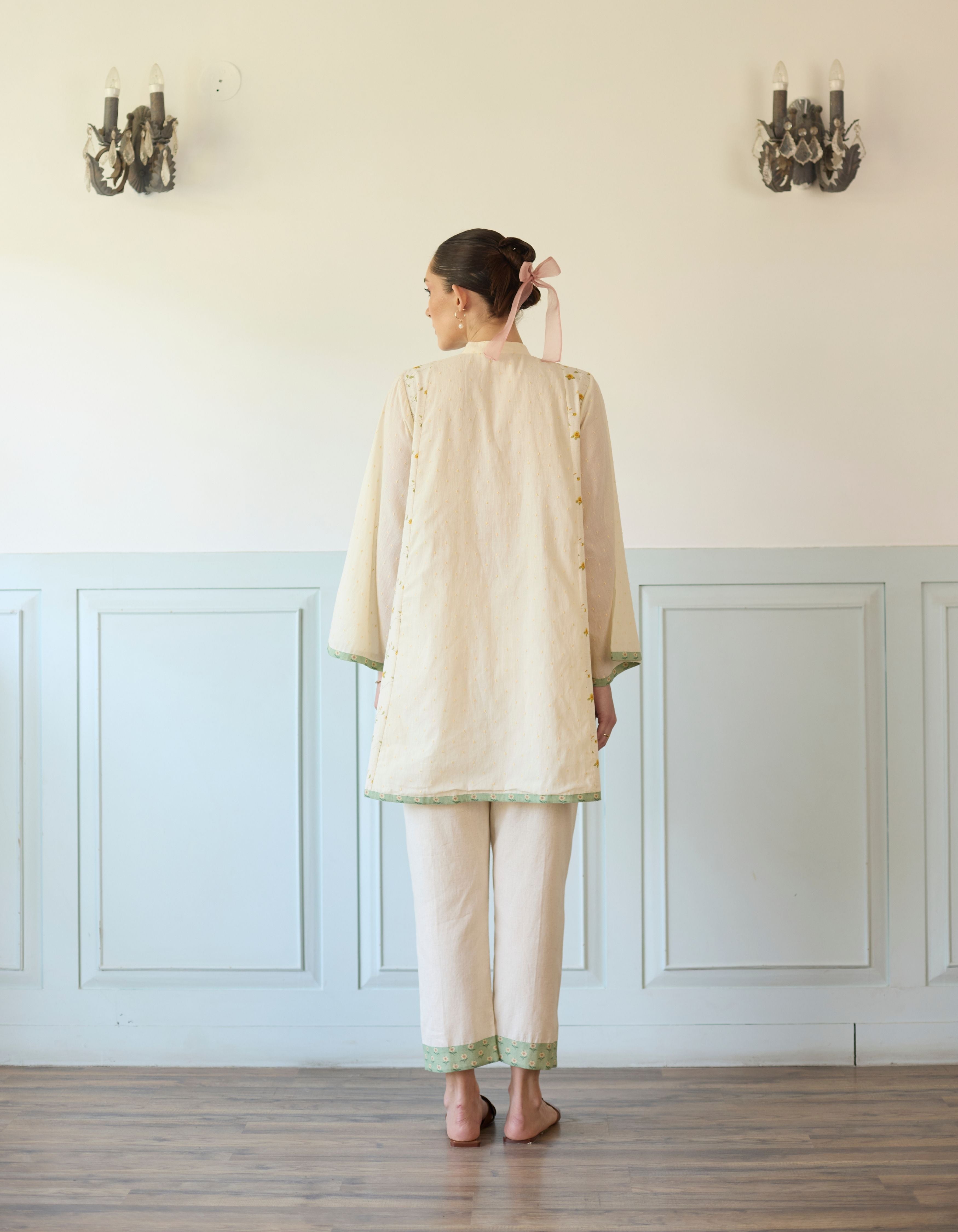 Yellow And Green Flared Printed Side Panel Short Amelia Kurta Set