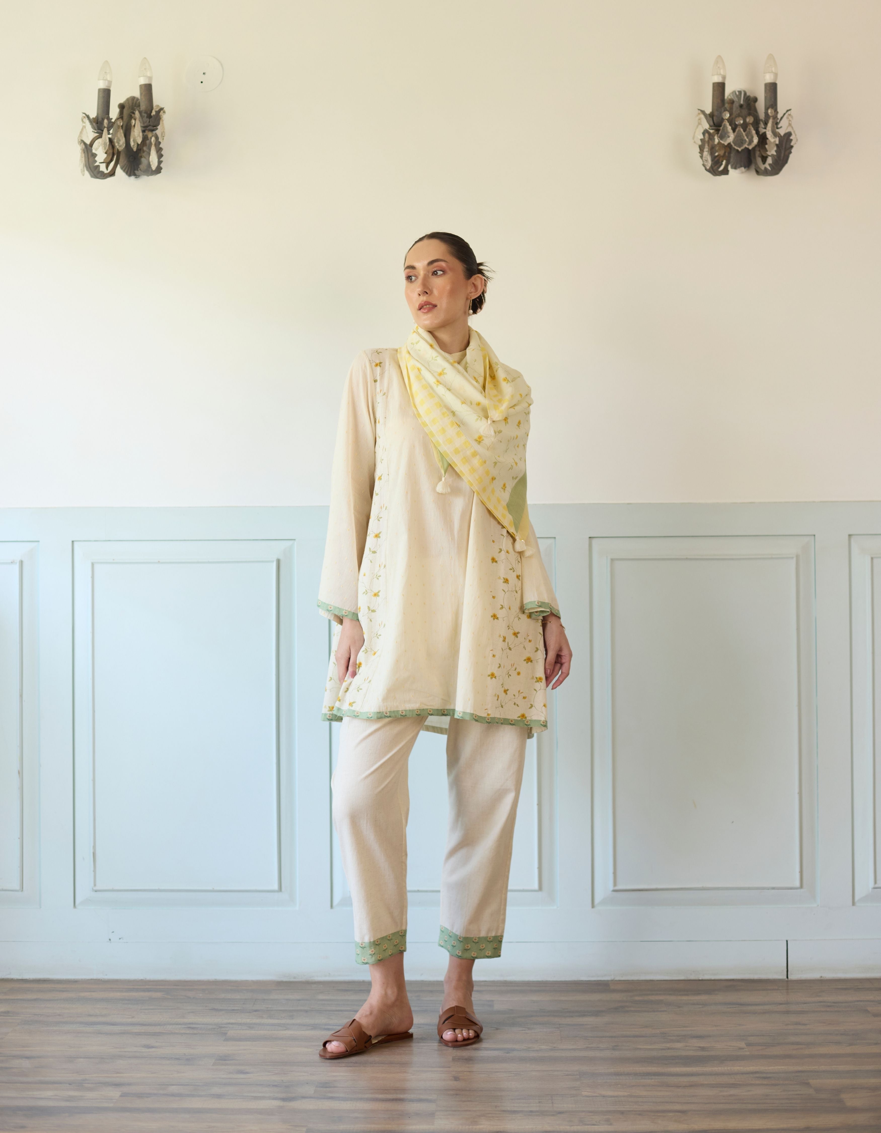 Yellow And Green Flared Printed Side Panel Short Amelia Kurta Set