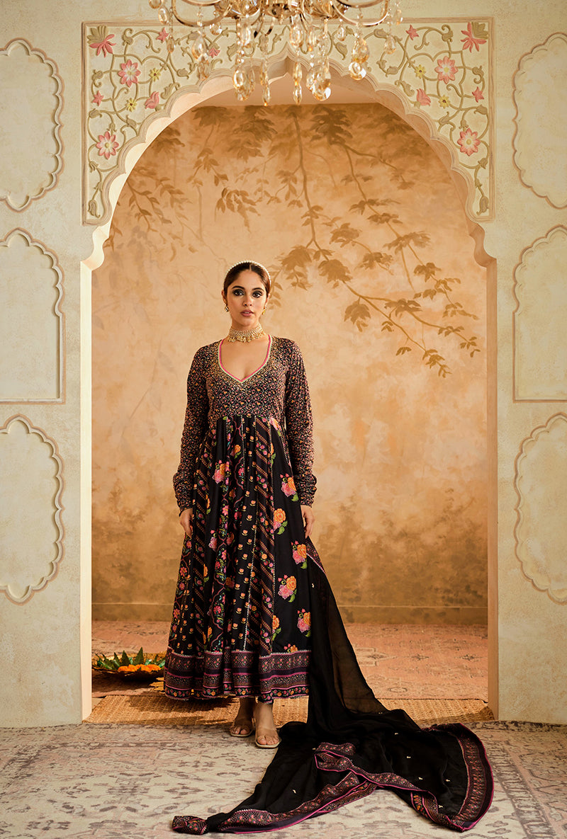 Black Multiple Kali Goonj Anarkali Set