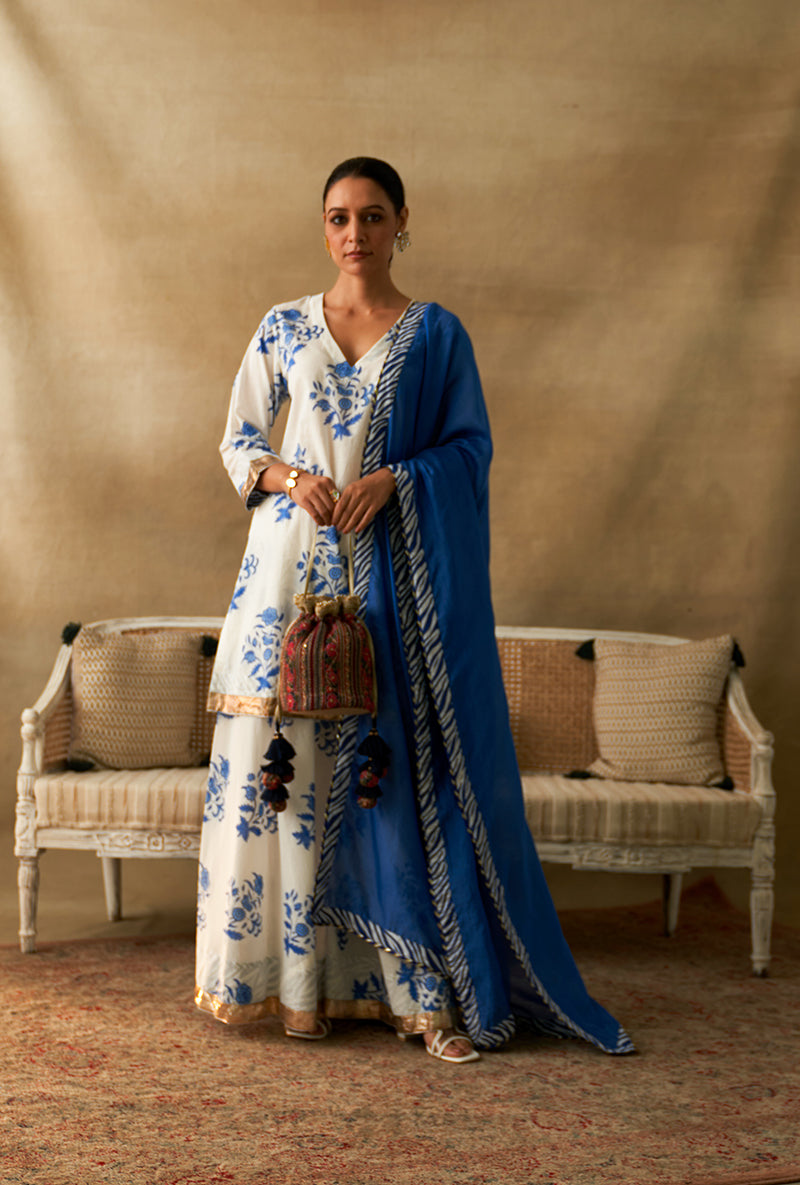 Blue And White Block Printed Marigold Sharara Set
