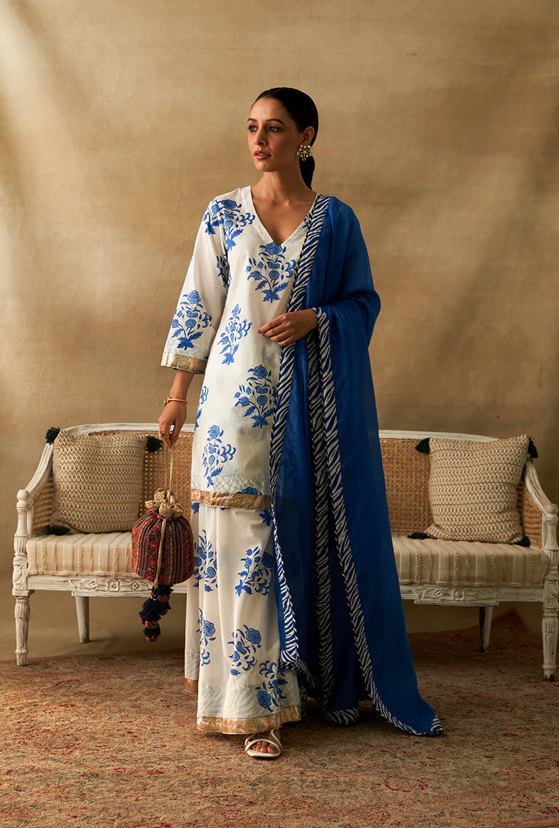 Blue And White Block Printed Marigold Sharara Set