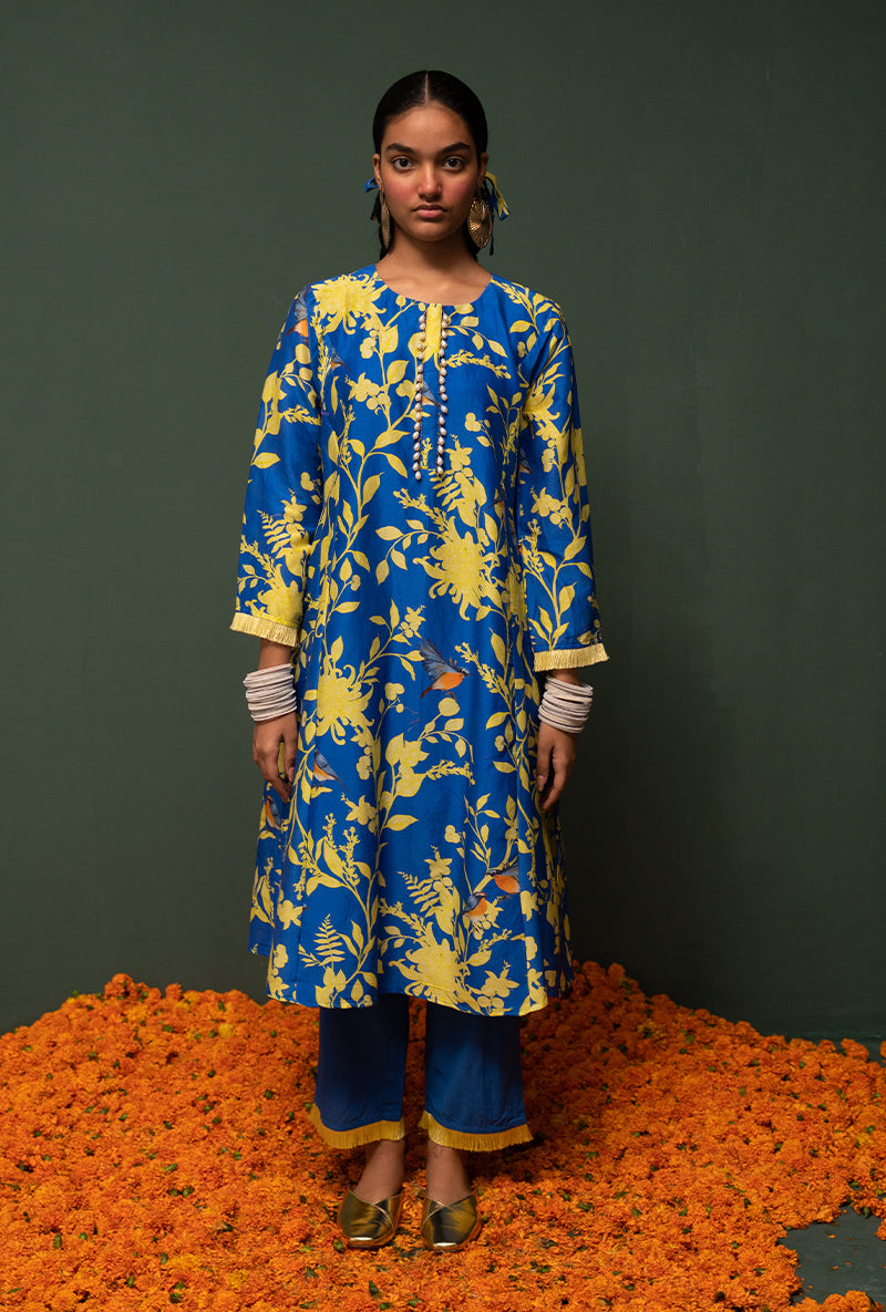 Blue Printed Long Sasha Kurta Set